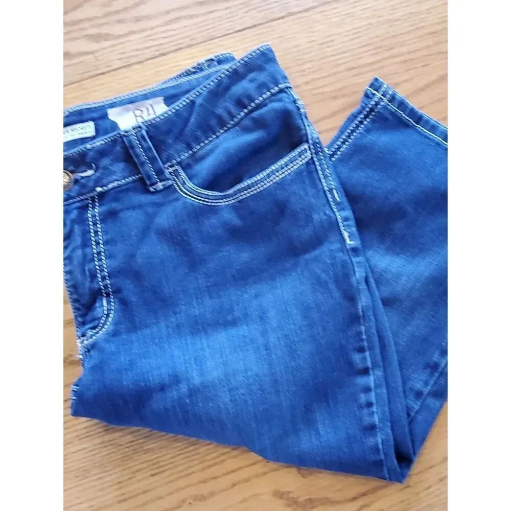 R4 Lee Slender Secret Straight cropped Jeans Blue White Stitching Flap Pockets